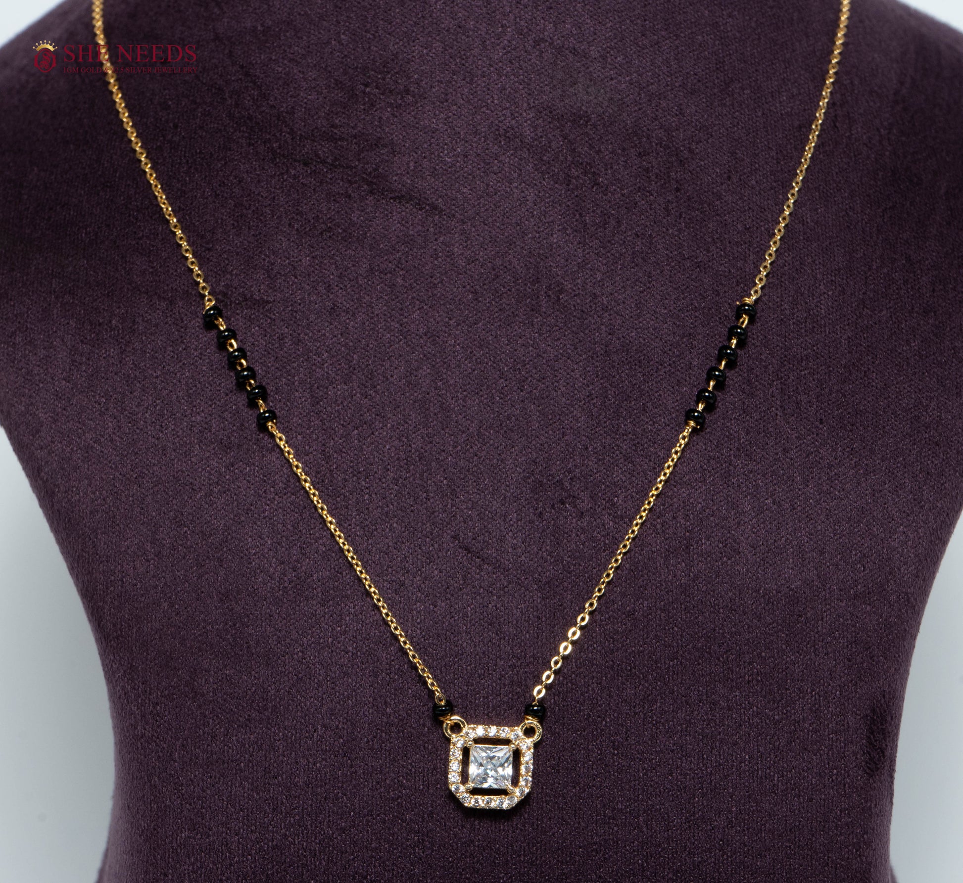 Elara Princess American Diamond Mangalsutra Necklace with Princess Cut CZ Halo Pendant and Black Beads in Gold Plated Finish