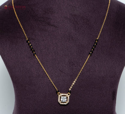 Elara Princess American Diamond Mangalsutra Necklace with Princess Cut CZ Halo Pendant and Black Beads in Gold Plated Finish