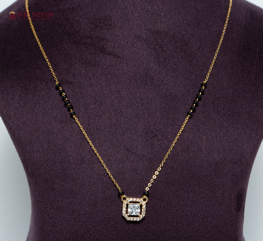 Elara Princess American Diamond Mangalsutra Necklace with Princess Cut CZ Halo Pendant and Black Beads in Gold Plated Finish