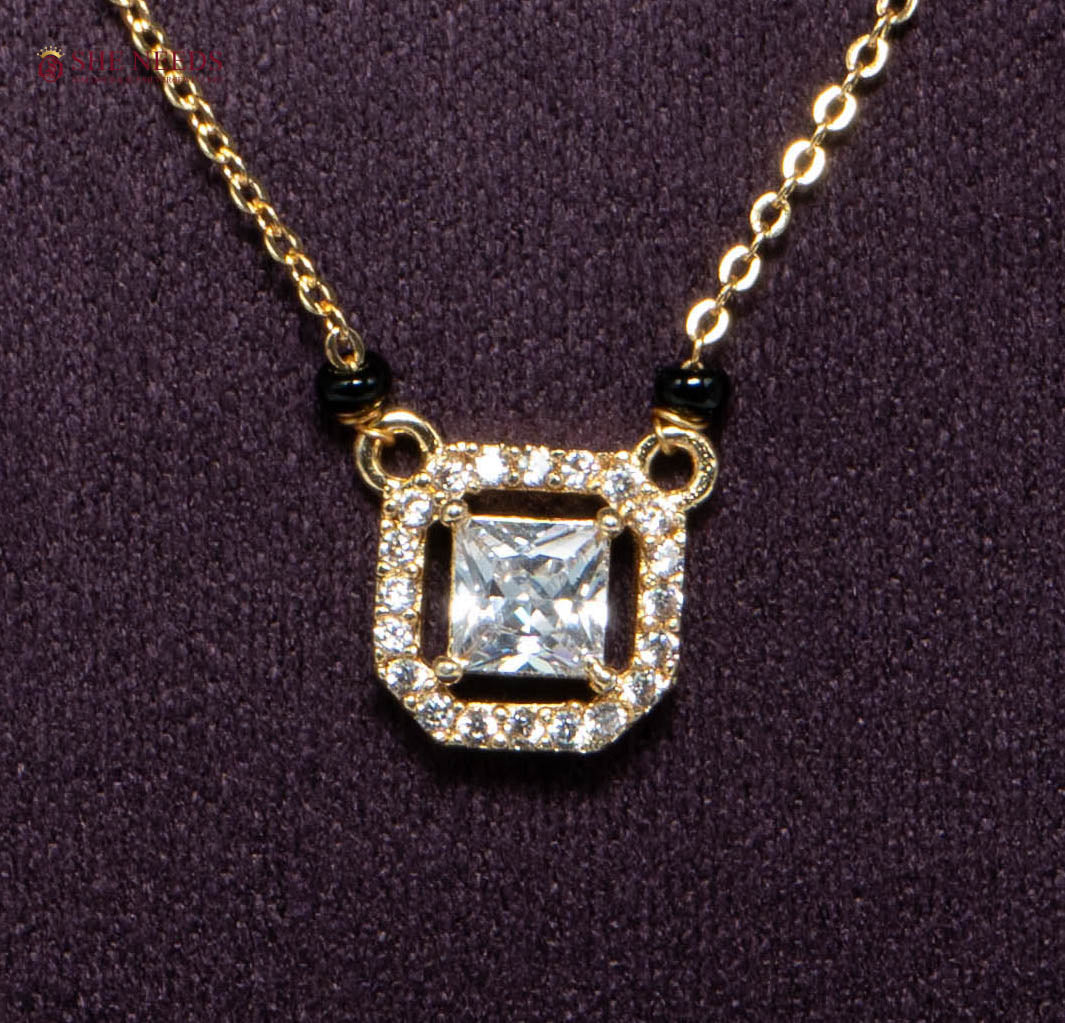 Elara Princess American Diamond Mangalsutra Necklace with Princess Cut CZ Halo Pendant and Black Beads in Gold Plated Finish