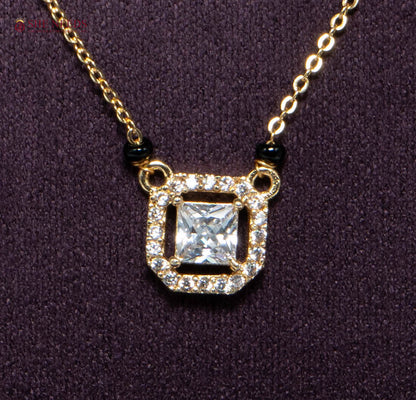 Elara Princess American Diamond Mangalsutra Necklace with Princess Cut CZ Halo Pendant and Black Beads in Gold Plated Finish