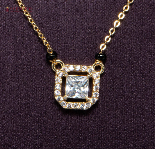 Elara Princess American Diamond Mangalsutra Necklace with Princess Cut CZ Halo Pendant and Black Beads in Gold Plated Finish