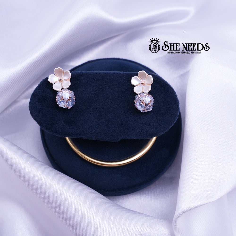 Rose gold plated floral stud earrings with white petals and crystal ball drops for women|She Needs Jewellery