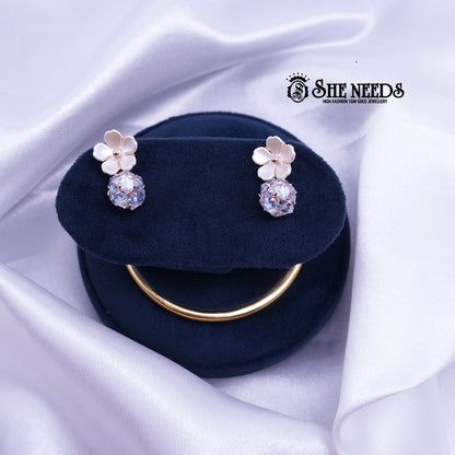 Rose gold plated floral stud earrings with white petals and crystal ball drops for women|She Needs Jewellery