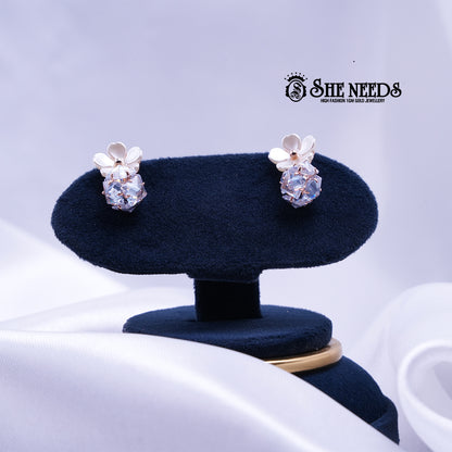 Rose gold plated floral stud earrings with white petals and crystal ball drops for women |She Needs Jewellery