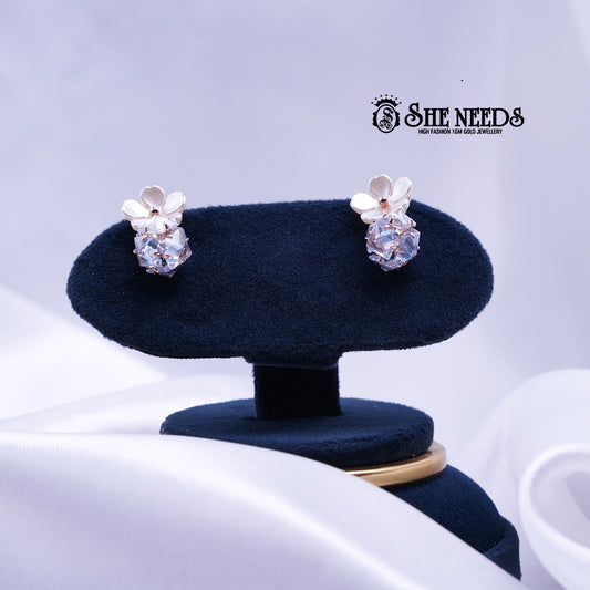 Rose gold plated floral stud earrings with white petals and crystal ball drops for women |She Needs Jewellery
