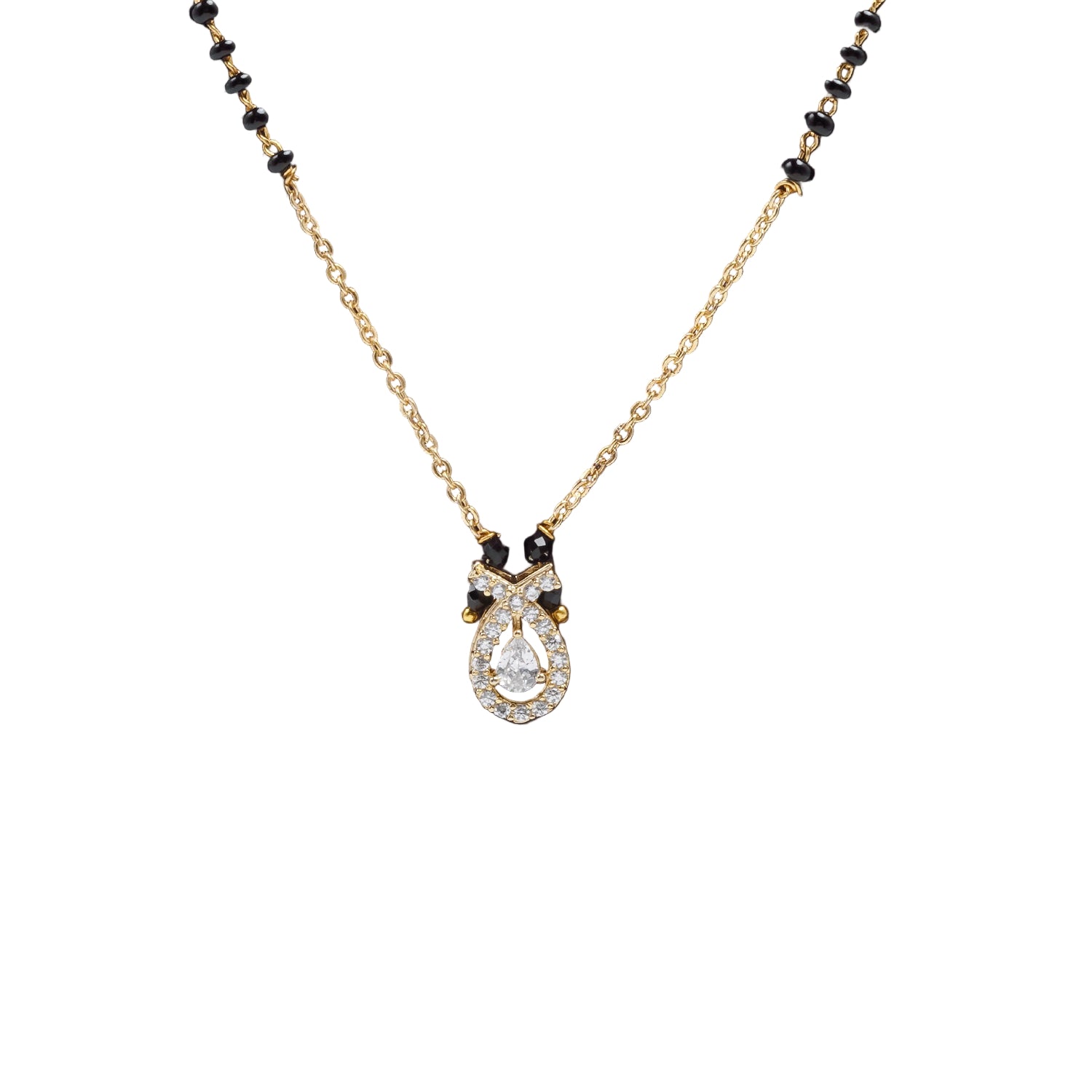 Gold plated zircon teardrop mangalsutra with black bead chain for women |She Needs Jewellary