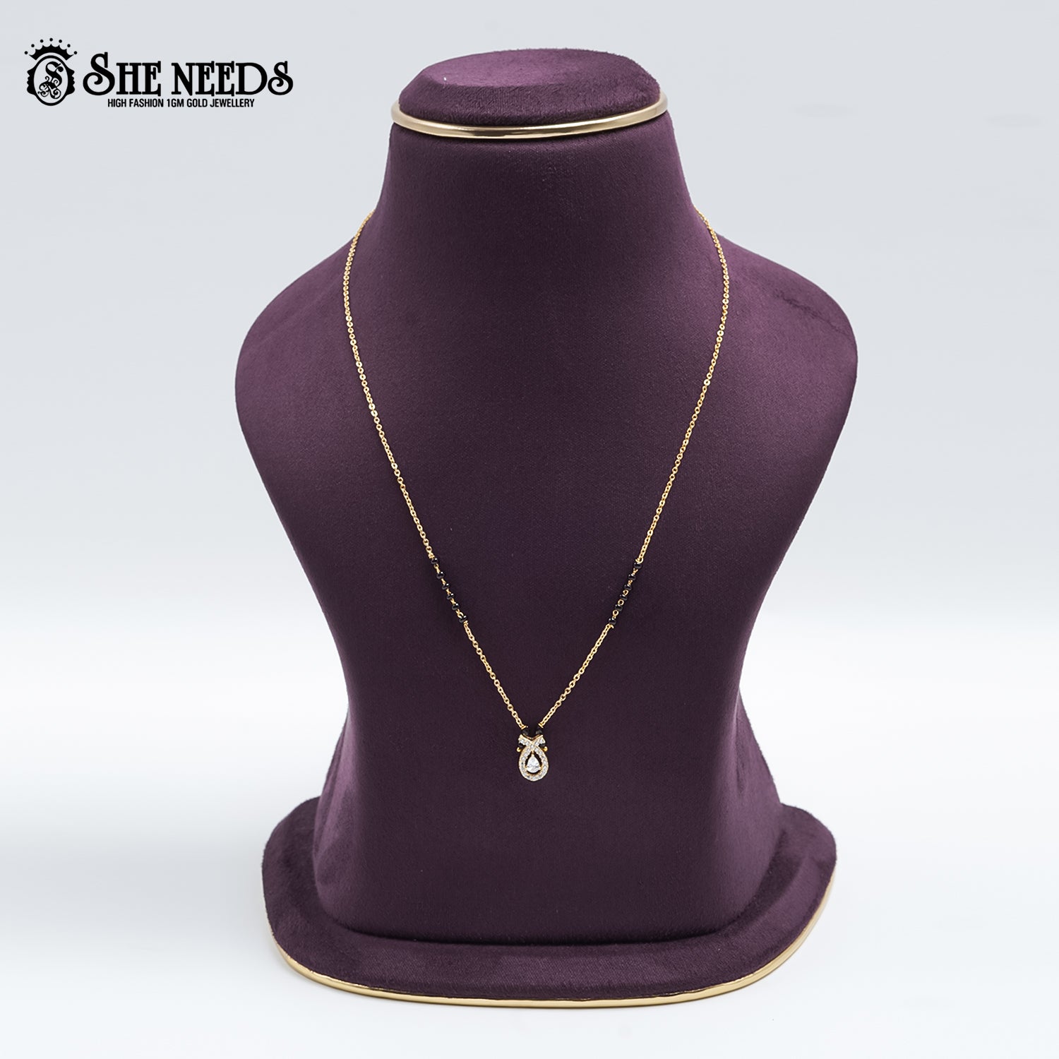 Gold-plated zircon teardrop mangalsutra with black bead chain for women |She Needs Jewellery