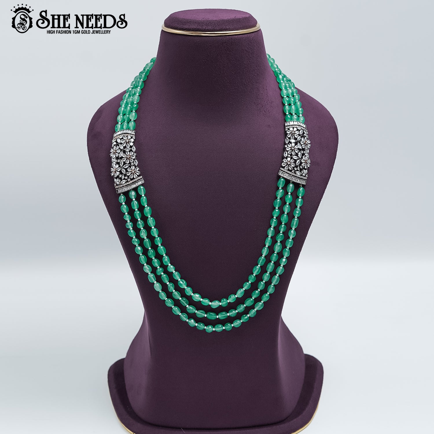 Emerald Bloom Antique Beaded Necklace with layered green beads and antique silver detailing
