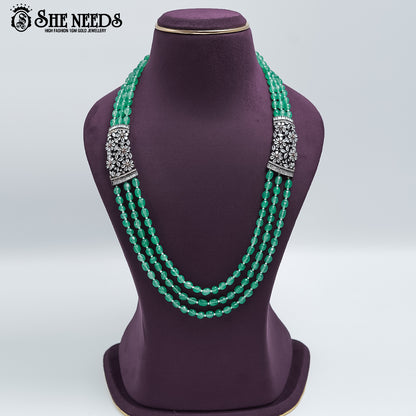 Emerald Bloom Antique Beaded Necklace with layered green beads and antique silver detailing