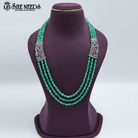 Emerald Bloom Antique Beaded Necklace with layered green beads and antique silver detailing