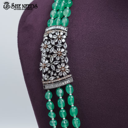 Emerald Bloom Antique Beaded Necklace with layered green beads and antique silver detailing