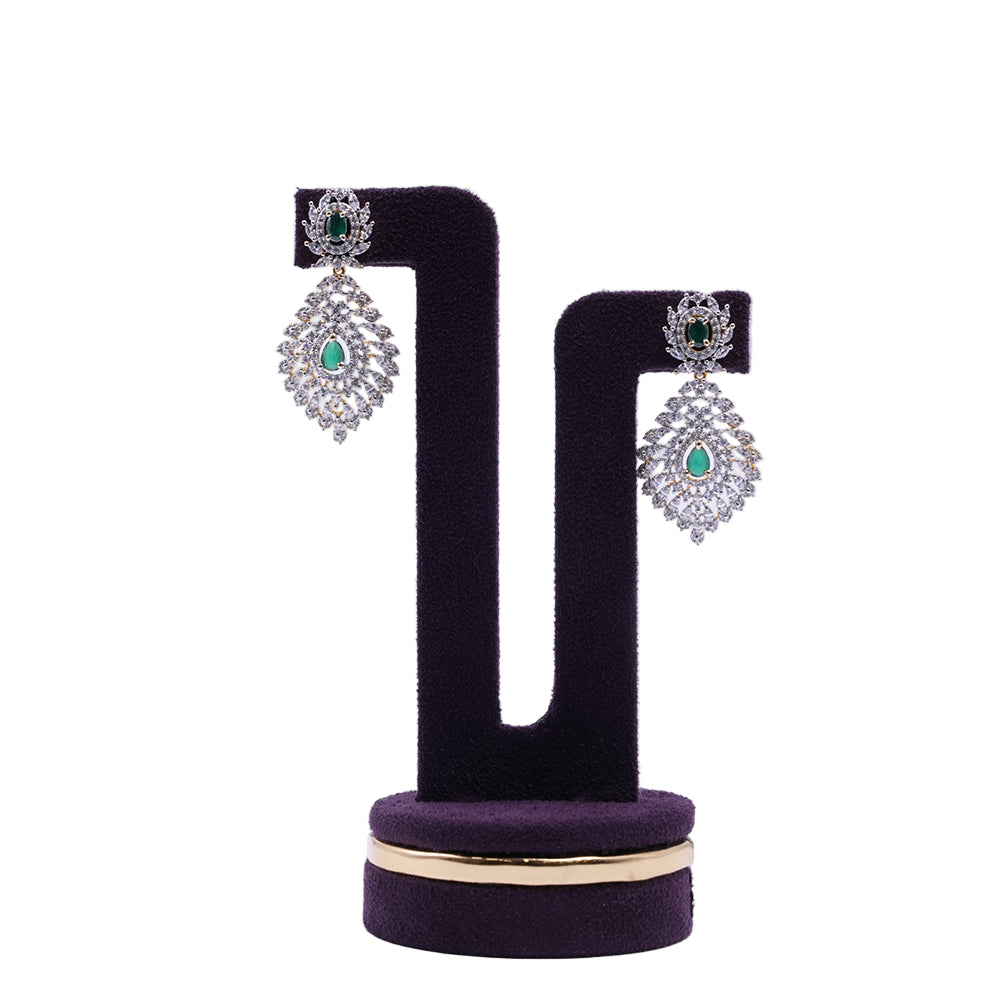 Emerald Cascade Royale Silver Plated American Diamond Chandelier Earrings with Emerald Green Stones | She Needs Jewellery
