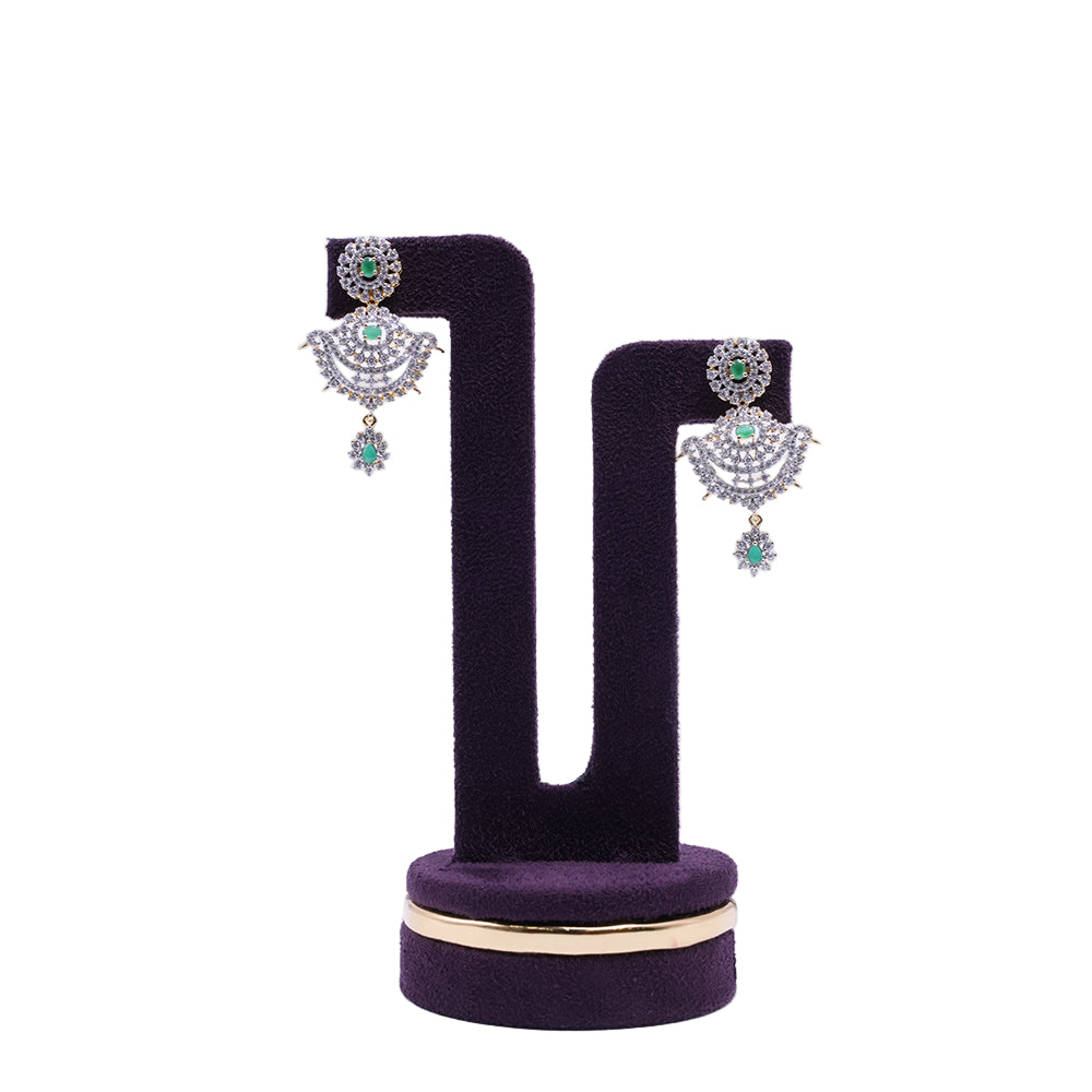 Emerald crystal chandbali earrings with silver polish and sparkling stones  | She Needs Jewellery