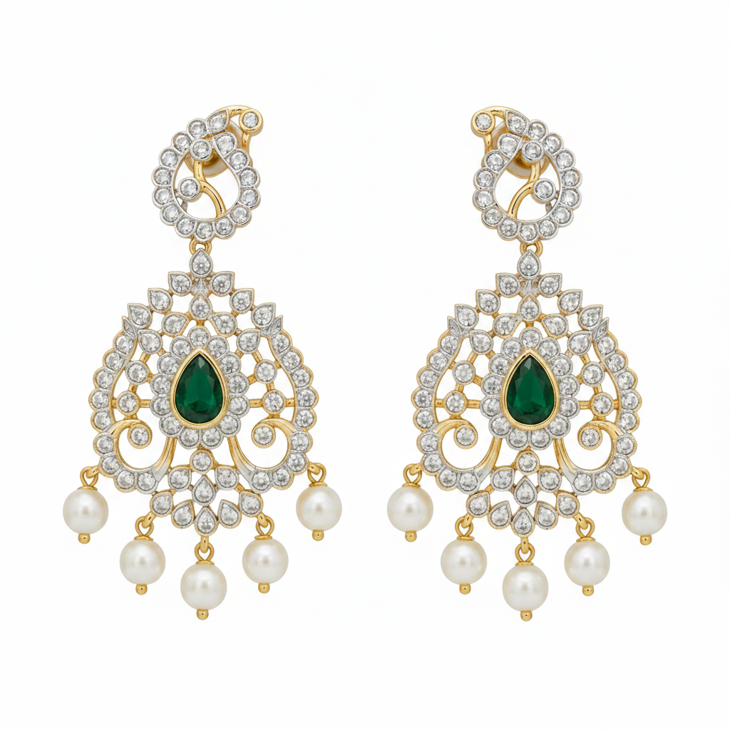 Luxury emerald green American diamond bridal necklace set with pearl drop earrings in gold finish displayed on beige mannequin.