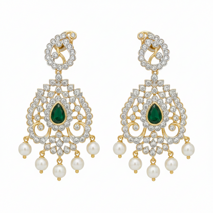 Luxury emerald green American diamond bridal necklace set with pearl drop earrings in gold finish displayed on beige mannequin.