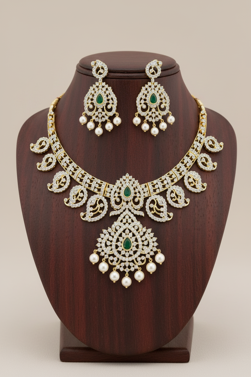Traditional emerald green AD stone necklace set with pearl drop earrings in premium gold finish displayed on mannequin.