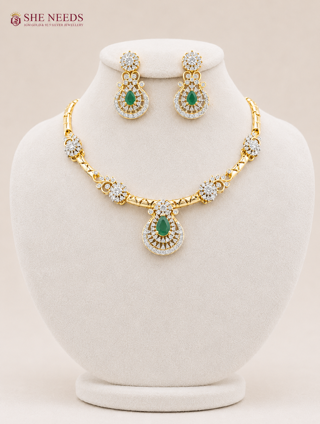 Emerald Green AD Stone Pendant Necklace Set with Designer Earrings
