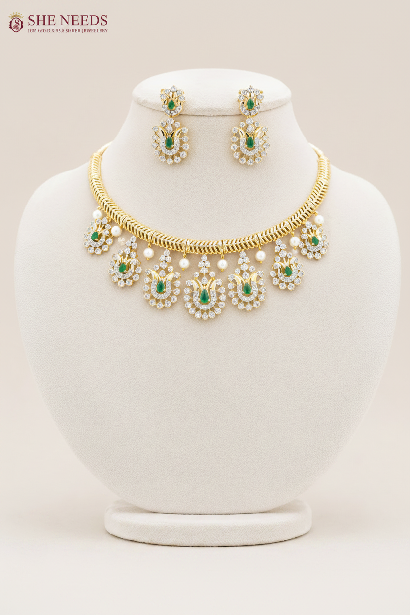 Emerald Green American Diamond Stone Choker Necklace Set with Matching Earrings