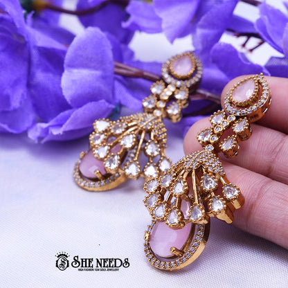 Elegant Light_pink emerald long drop earrings with American diamonds and gold polish from She Needs Jewellery