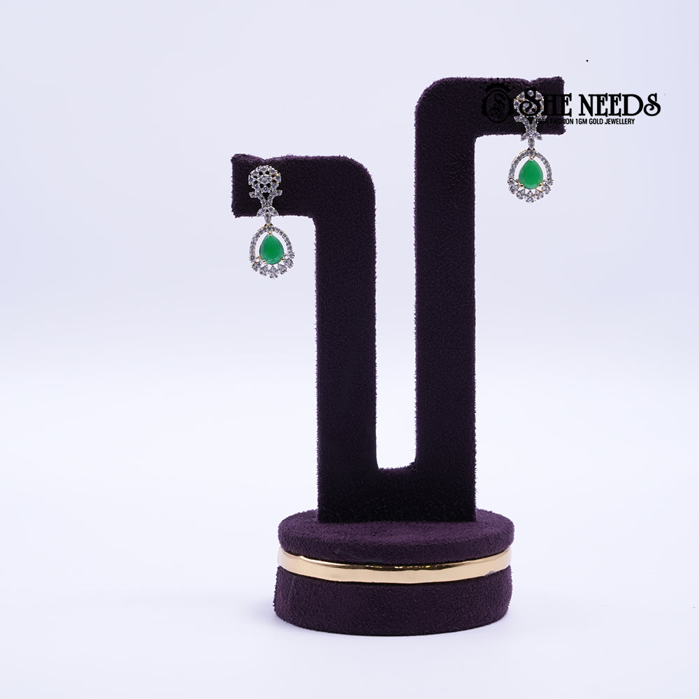 Emerald Regal Blossom Silver Plated American Diamond Green Stone Drop Earrings | She Needs Jewellery