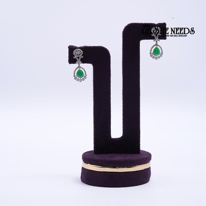 Emerald Regal Blossom Silver Plated American Diamond Green Stone Drop Earrings | She Needs Jewellery