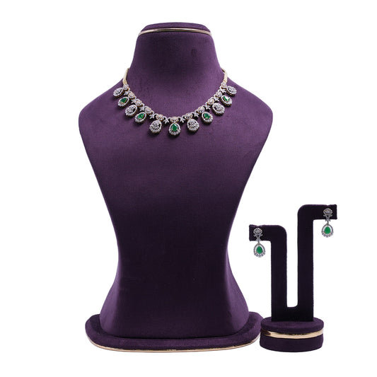 Emerald Regal Blossom Silver Plated American Diamond Necklace Set with Matching Green Stone Earrings | She Needs Jewellery
