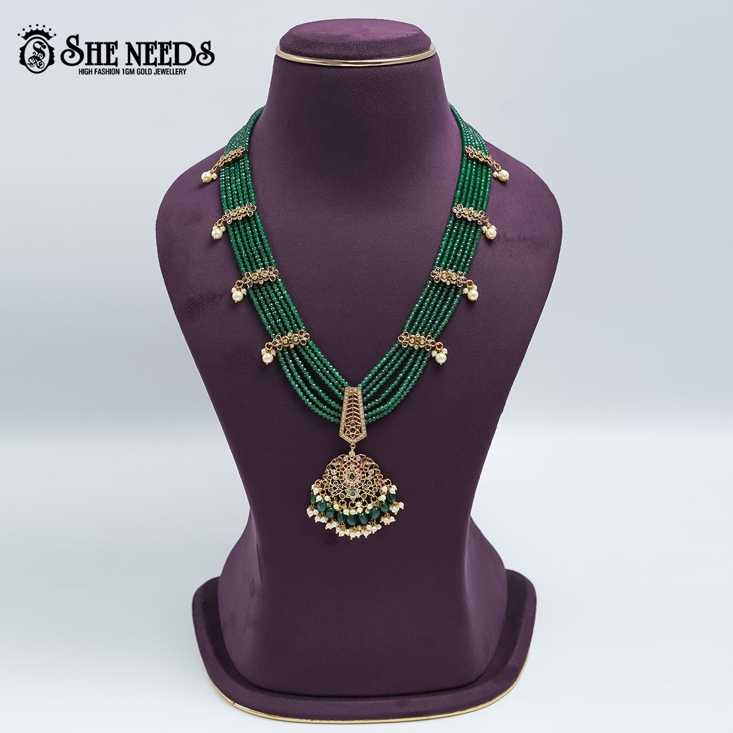 Emerald green beaded haram set with antique pendant and matching earrings
