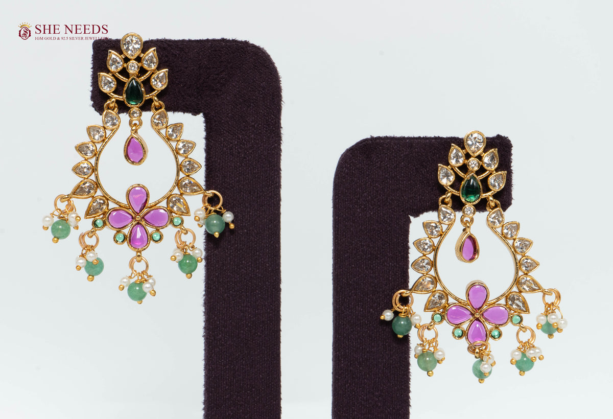 Floral American Diamond Chandbali Earrings with Green Beads