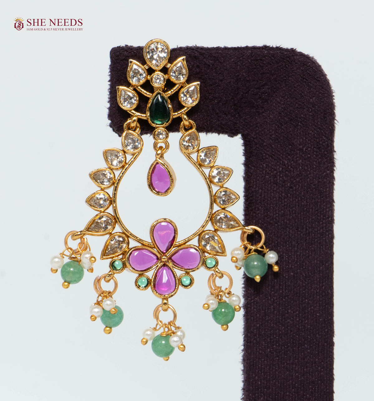 Floral American Diamond Chandbali Earrings with Green Beads