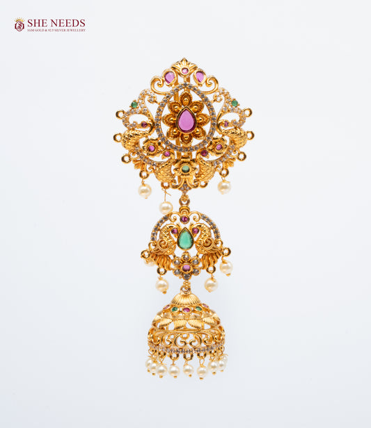 floral peacock temple jada billa with jhumka pearls bridal hair accessory