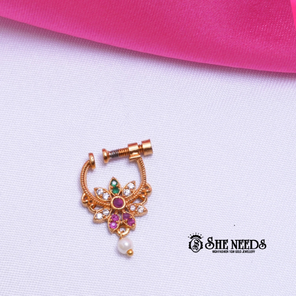Traditional floral gold polish nose ring with pearl drop and colorful stones | She Needs Jewellery