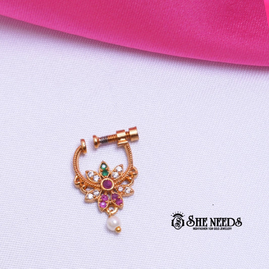 Traditional floral gold polish nose ring with pearl drop and colorful stones | She Needs Jewellery