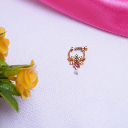 Traditional floral gold polish nose ring with pearl drop and colorful stones | She Needs Jewellery