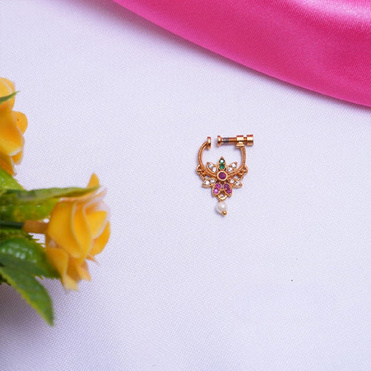 Traditional floral gold polish nose ring with pearl drop and colorful stones | She Needs Jewellery