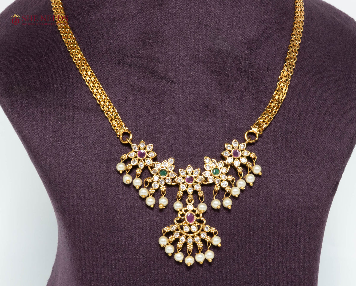 Floral Pearl Pendant Necklace with Pink & Green AD Stones