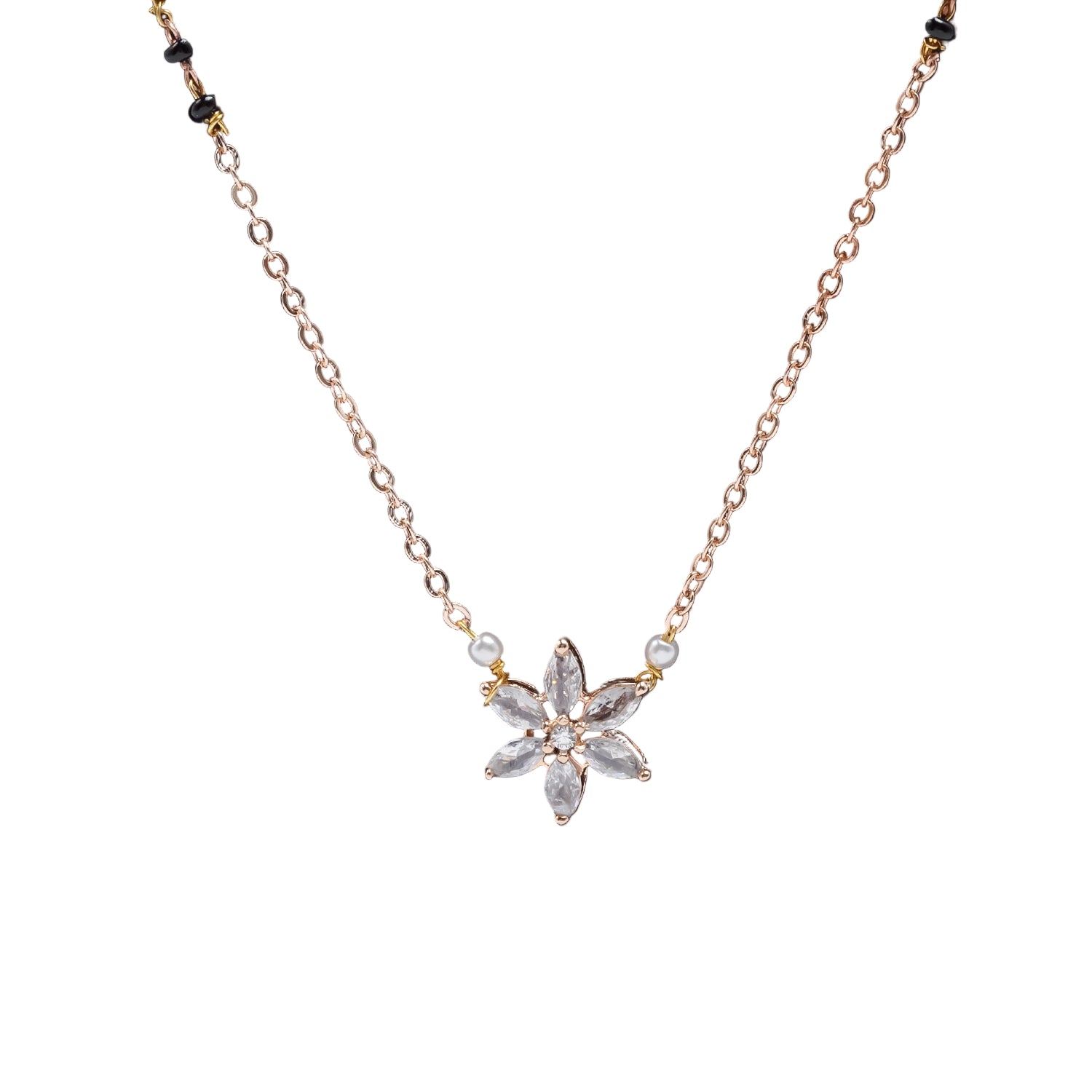 Rose gold-plated floral mangalsutra necklace with white zircon stones and pearl accents for women |She Needs Jewellery