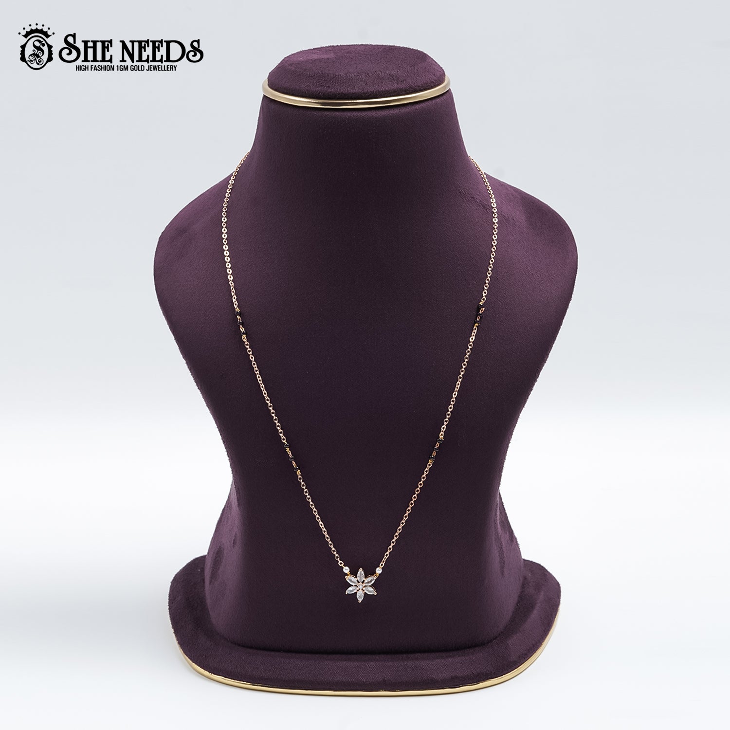 Rose gold plated floral mangalsutra necklace with white zircon stones and pearl accents for women |She Needs Jewellery
