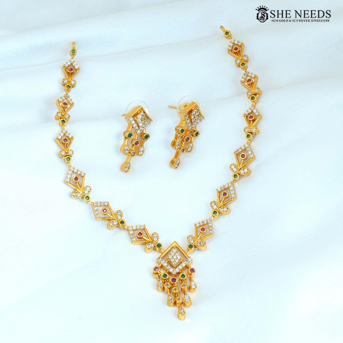Geometric Ruby & Green Multicolor Gold Necklace Set with Earrings