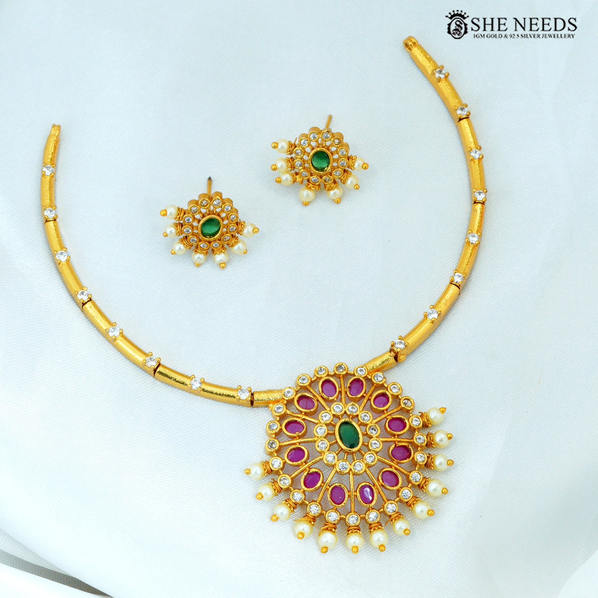 Gold-Plated Green Ruby Pearl Kantey Short Necklace Set