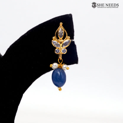 Gold-plated interchangeable drop earring with blue bead|She Needs Jewellery
