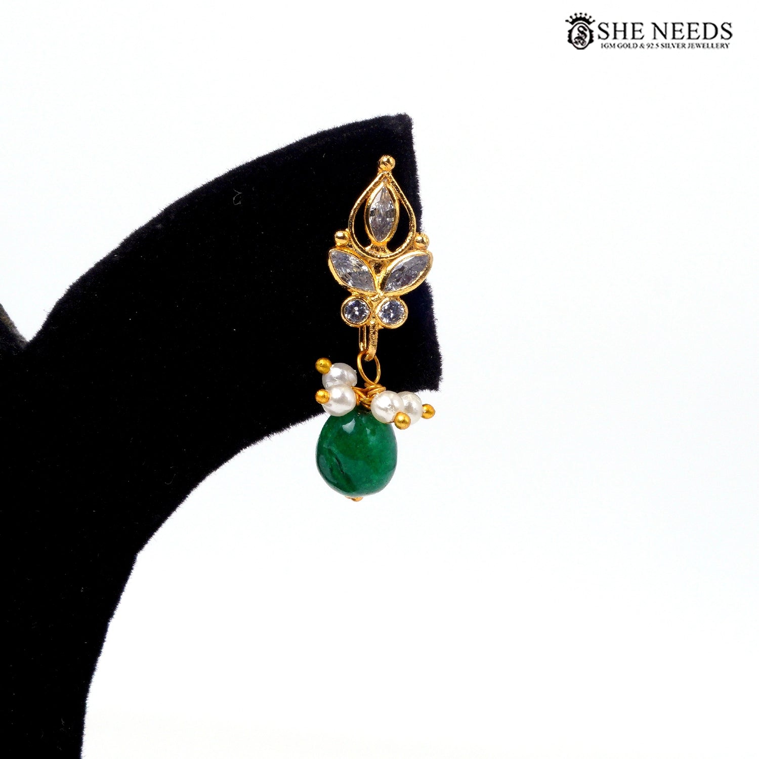 Gold-plated interchangeable drop earring with dark green bead|She Needs Jewellery
