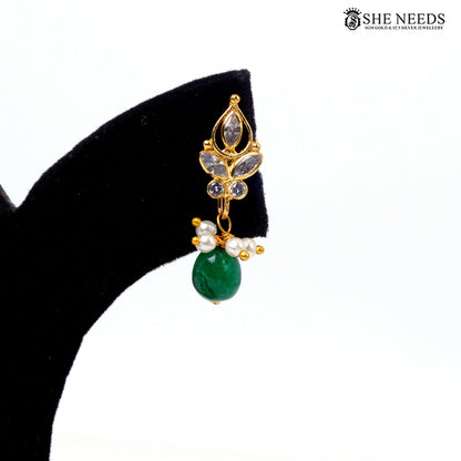Gold-plated interchangeable drop earring with dark green bead|She Needs Jewellery
