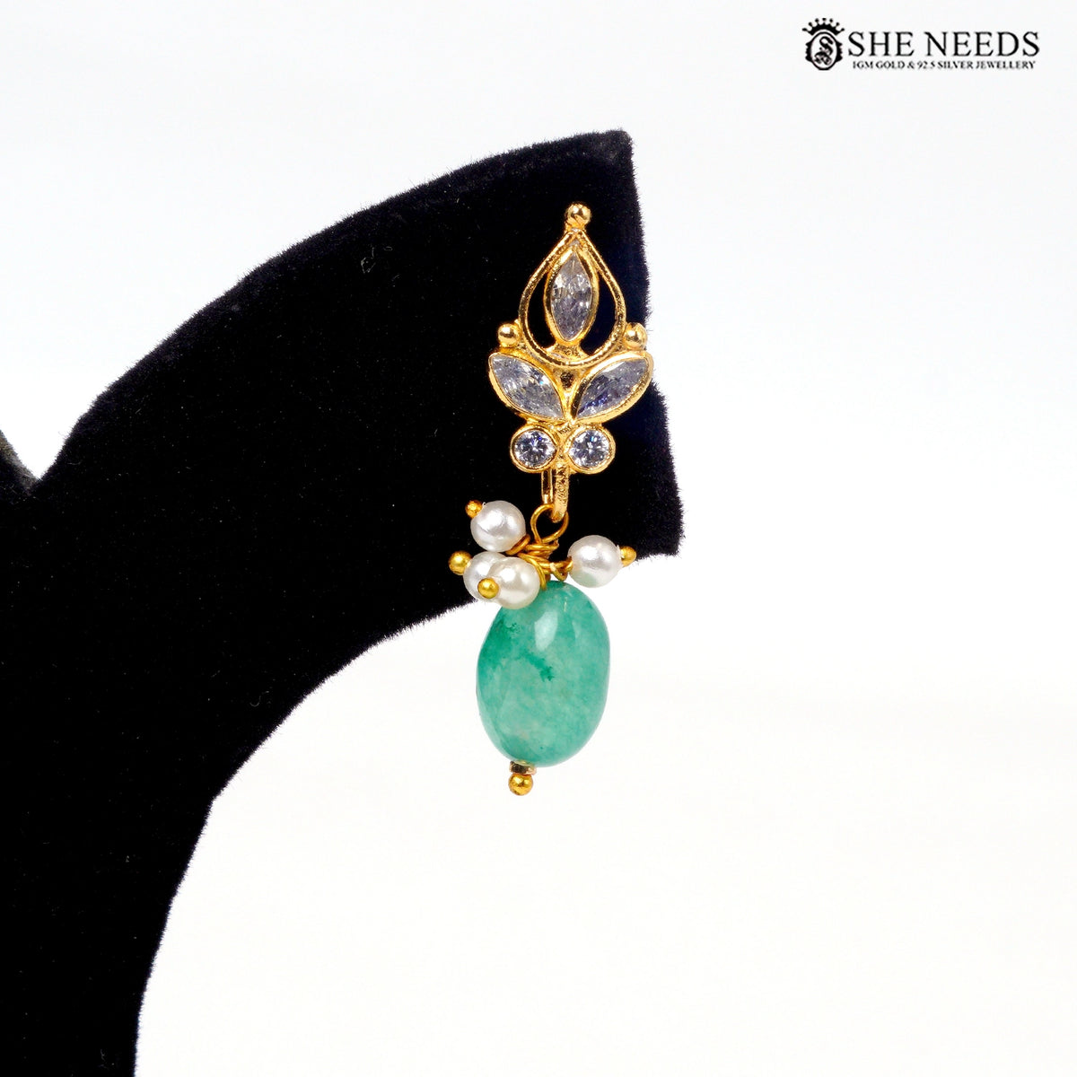Gold-plated interchangeable drop earring with green bead|She Needs Jewellery

