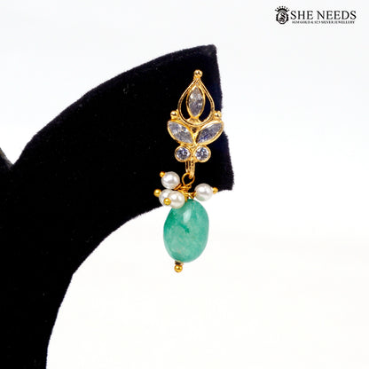 Gold-plated interchangeable drop earring with green bead|She Needs Jewellery
