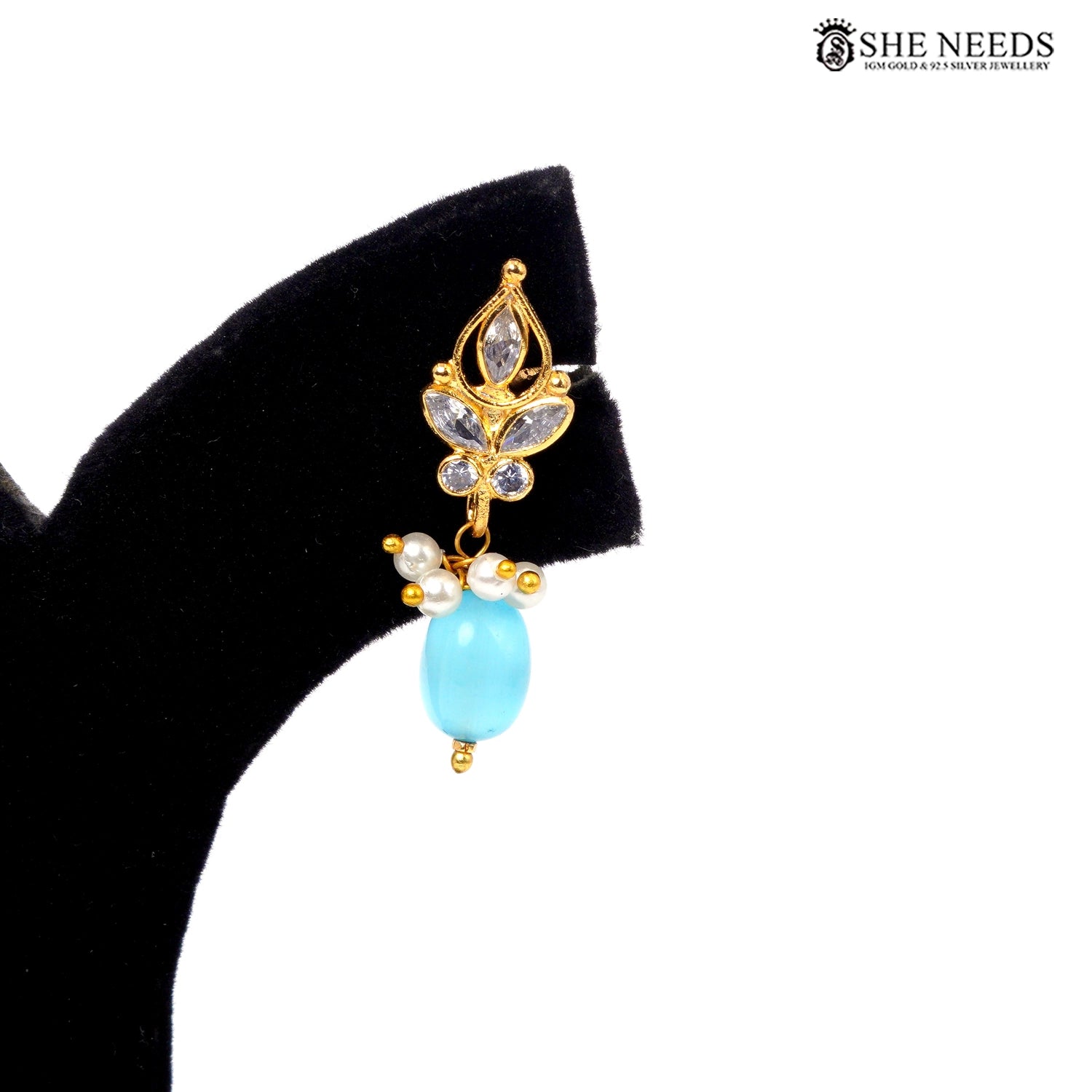 Gold-plated interchangeable drop earring with light blue bead|She Needs Jewellery
