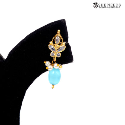 Gold-plated interchangeable drop earring with light blue bead|She Needs Jewellery
