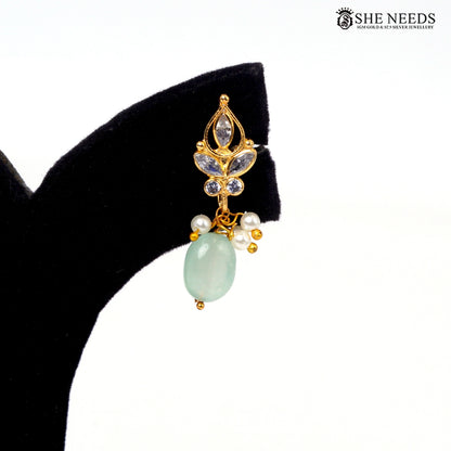 Gold-plated interchangeable drop earring with light green bead|She Needs Jewellery
