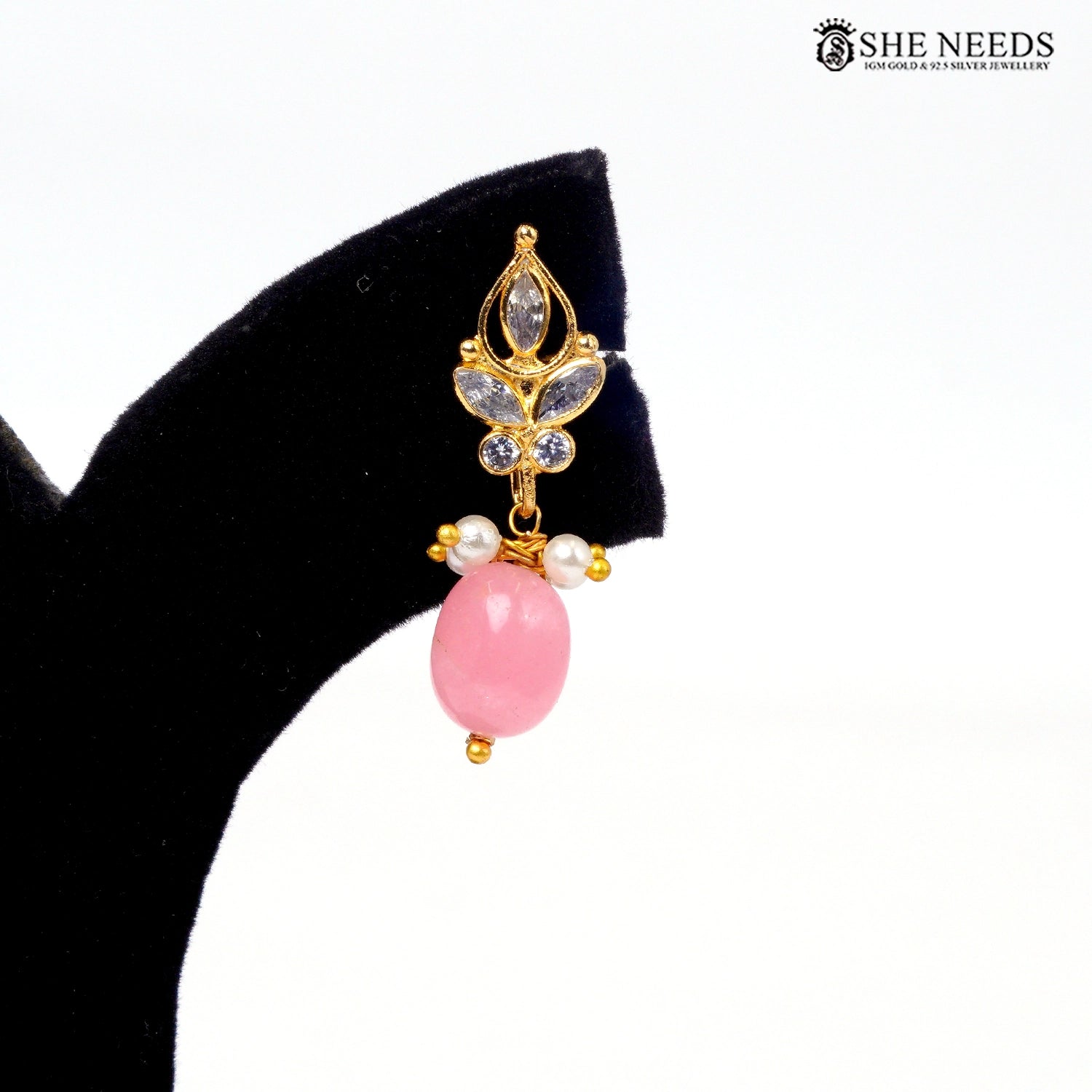 Gold-plated interchangeable drop earring with pink bead|She Needs Jewellery

