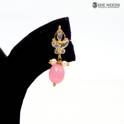 Gold-plated interchangeable drop earring with pink bead|She Needs Jewellery
